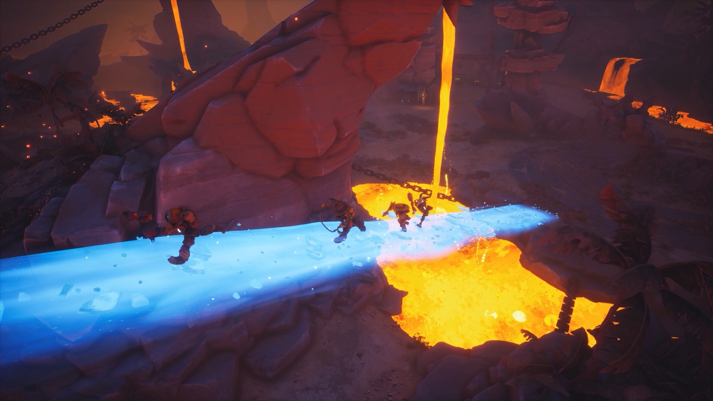Quattro cowboy robot corrono su un ponte di ghiaccio blu luminoso sopra un canyon pieno di lava in Far Far West.