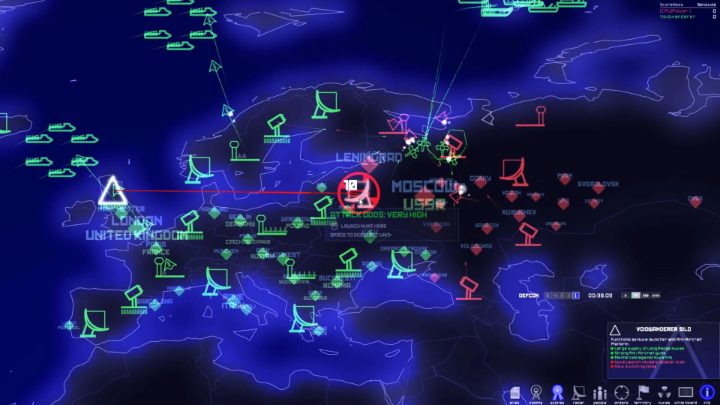 DEFCON 1 유럽 지도에서 미사일 사일로가 선택되어 있고 빨간색과 초록색 유닛 표시가 주변에 있습니다.