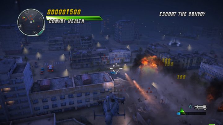 Ein Helikopter folgt nachts einem Konvoi durch eine Stadt und greift feindliche Ziele an.