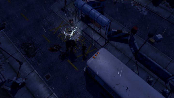 Un superviviente se enfrenta a un mutante enorme y a criaturas pequeñas en una calle lluviosa de Primal Fears.