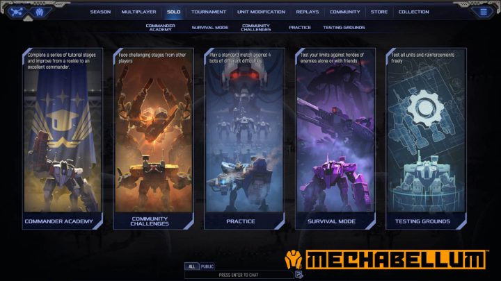 The Solo menu offers Commander Academy, community challenges, practice, Survival Mode, and Testing Grounds.