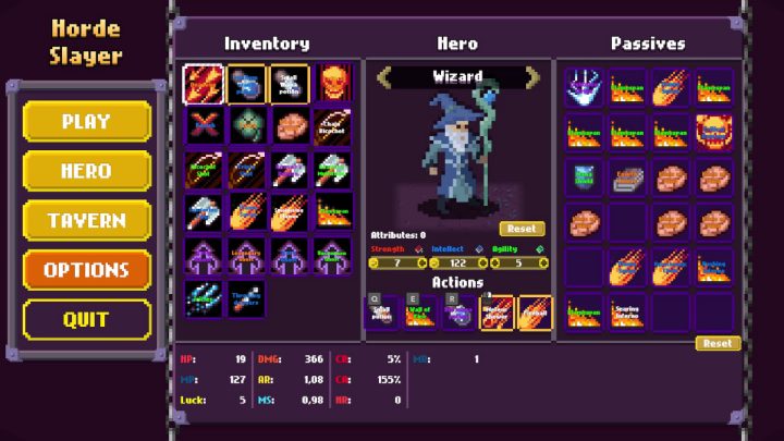 A tela de herói do Wizard mostra habilidades equipadas, inventário, melhorias passivas e atributos do personagem.