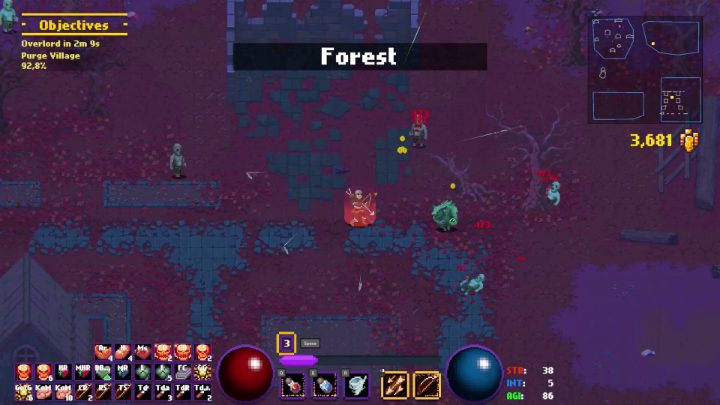 Um herói luta contra monstros na Floresta; o objetivo Purge Village, o minimapa e os atributos do personagem estão visíveis.