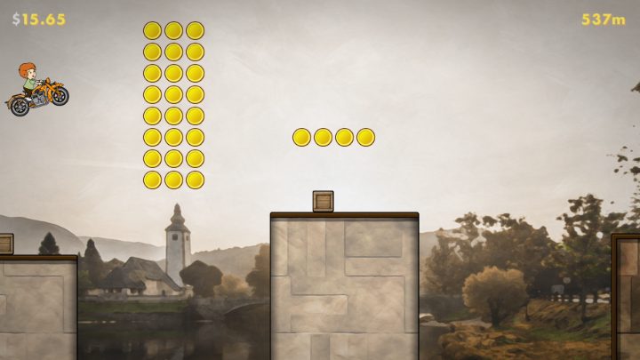 A character rides a motorcycle along a platform course with coins above the track.