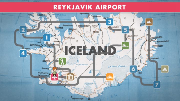 The Reykjavik Airport map shows a numbered route across Iceland with activity icons and Huckleberry’s marker near the southwest coast.