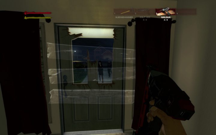A survivor holds a nail gun while two figures stand beyond a damaged doorway; the four-slot item bar is visible above.