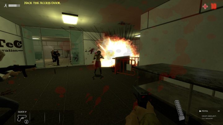 A survivor faces a zombie at close range while another player moves through the access doorway.