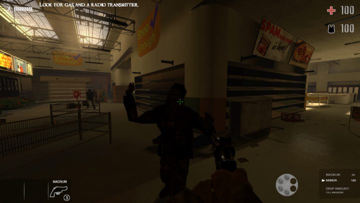A survivor aims at a zombie while the map objective calls for gas and a radio transmitter.