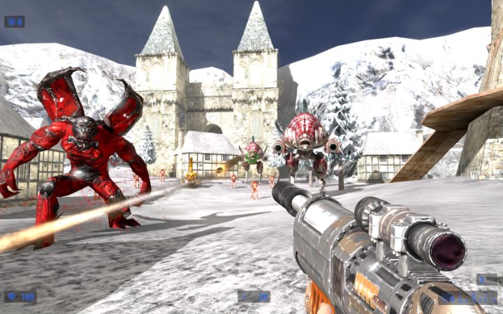 A rocket launcher fires toward a crowd of monsters outside a snowy medieval castle.