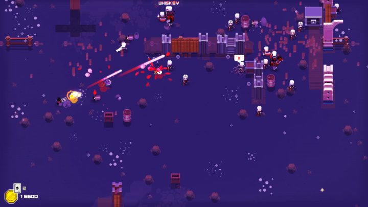 Um pistoleiro atira em um pátio ferroviário roxo enquanto inimigos se juntam perto de um vagão.