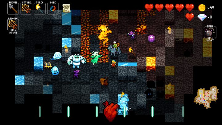 A grid dungeon mixes icy and fiery floor tiles with enemies and a torch-lit path.