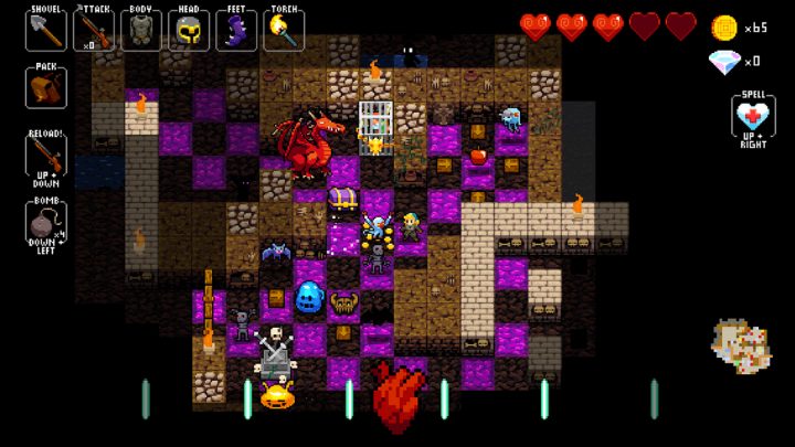 A red dragon and other monsters occupy a torch-lit grid dungeon around a small adventurer.