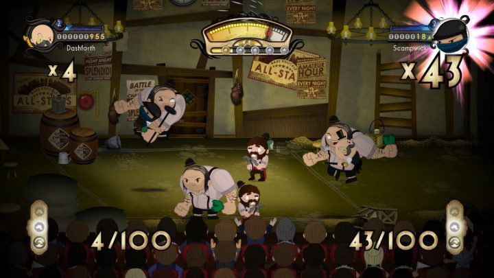 Dashforth e Scampwick enfrentam inimigos fantasiados em um palco de teatro sob cartazes de luta.