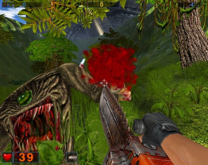 A chainsaw fills the foreground as a monster lunges through dense green jungle foliage.
