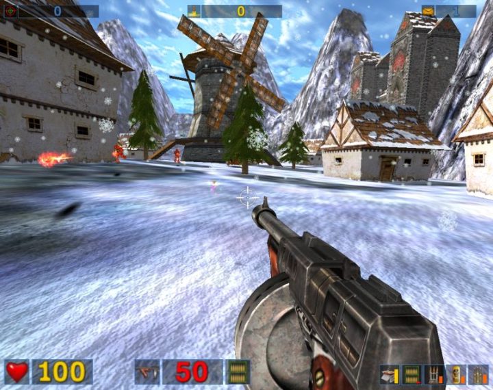 A first-person gun points across a snowy medieval village toward distant enemies, with mountains beyond.