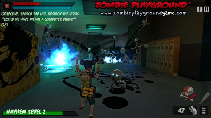Een kind richt twee pistolen door een schoolgang terwijl zombies naderen; het missiedoel is het lab doorzoeken en het virus vernietigen.