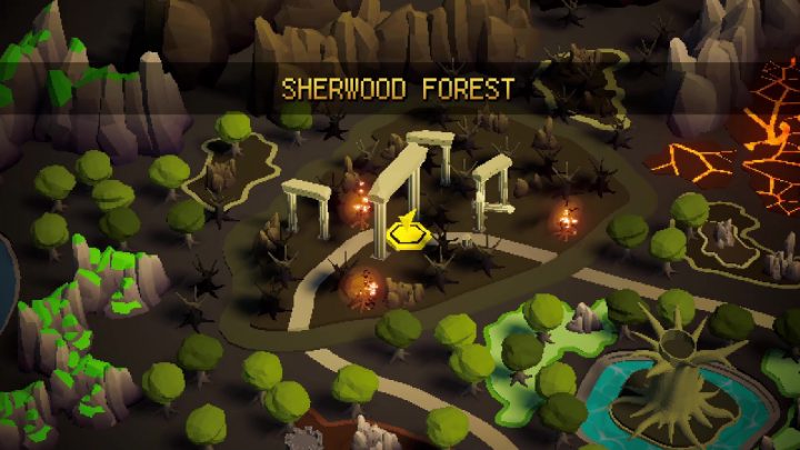 ステージ選択マップに、Sherwood Forestを通って先の目的地へ向かう分岐ルートが表示されている。