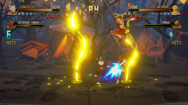 森のステージでArthurとLancelotが敵と戦い、明るい攻撃エフェクトが画面を横切っている。