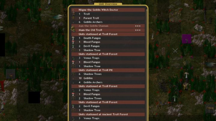 La lista de Hösne muestra trolls, arqueros goblin y unidades situadas junto a bosques de trolls.