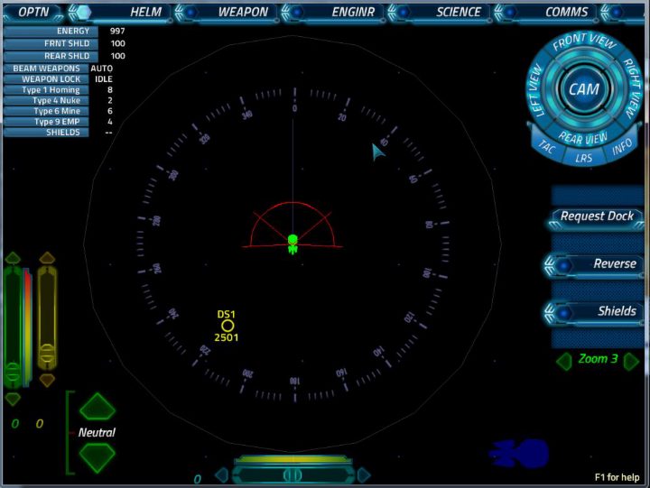 De Helm-console toont koers, schilden, snelheid en het buitenbeeld rond een centraal navigatiescherm.